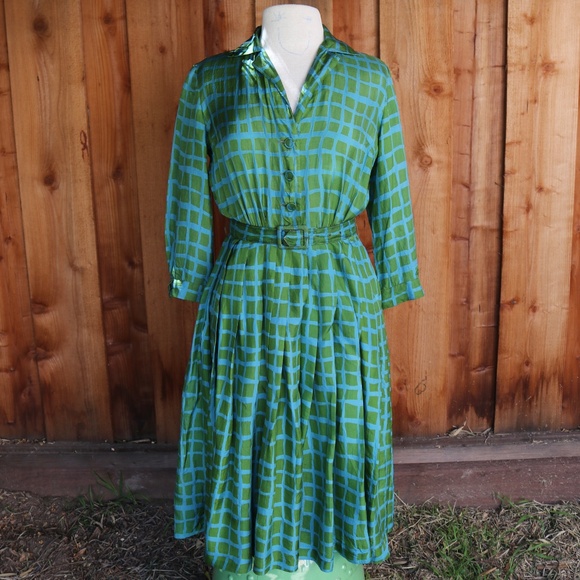 Vintage I. Magnan 100% Silk Green & Blue Geometric Square Shirt Dress - Picture 1 of 17
